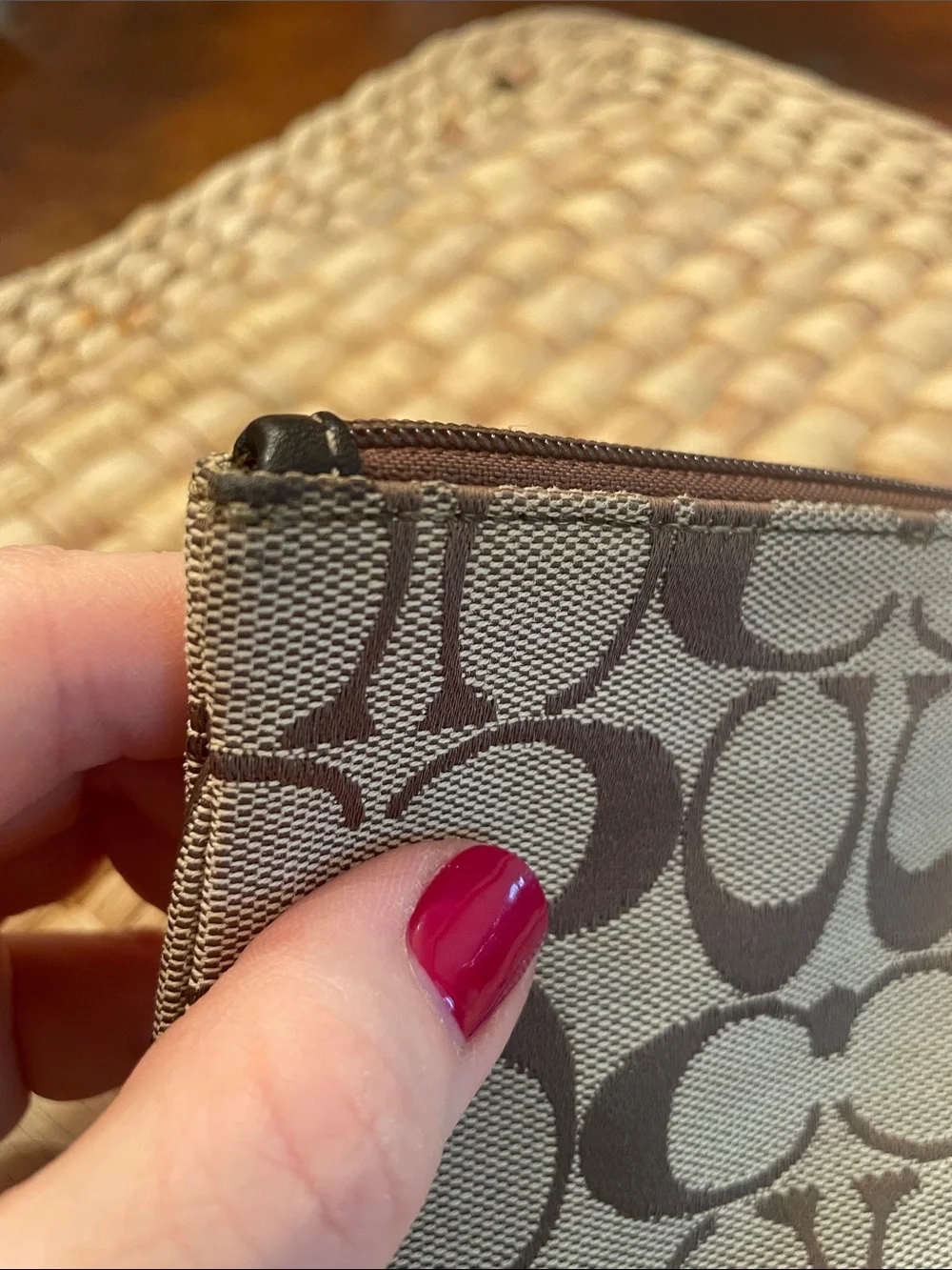 Coach Brown Signature Jacquard Wristlet with Leather Strap and Hang Tag EUC